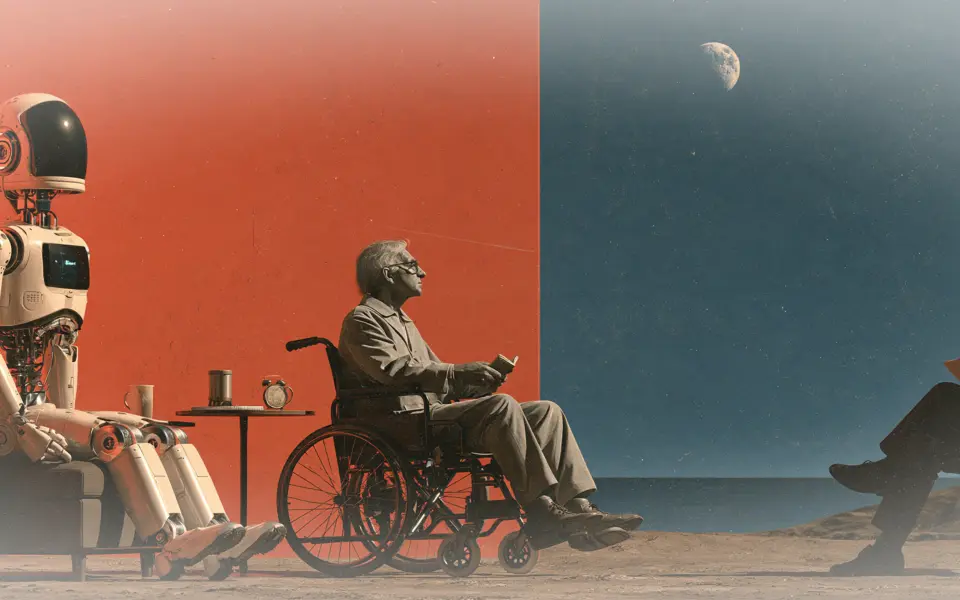 Person receiving care from a caregiver while a digital interface appears in the background