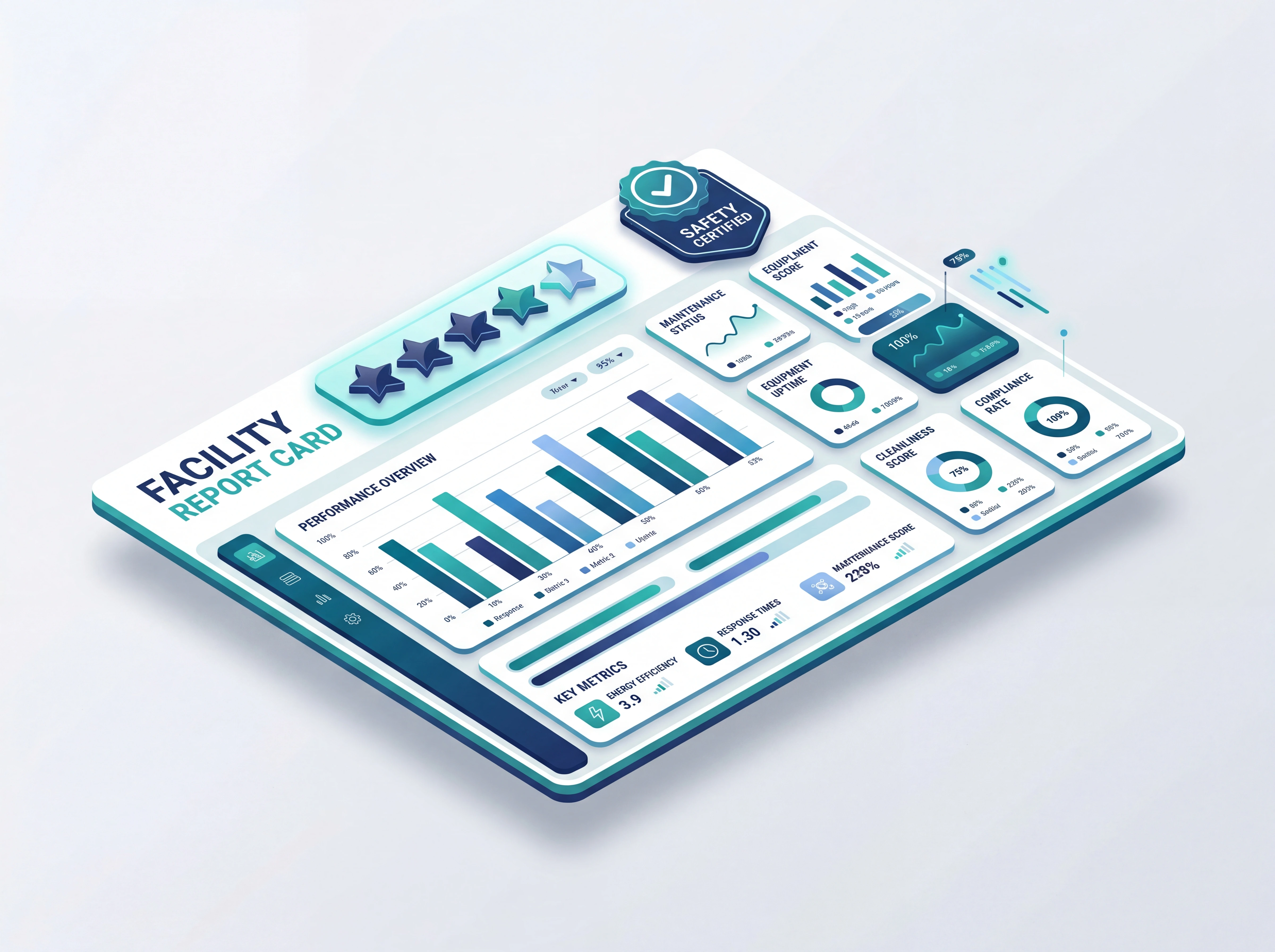 Facility Report Card showing overall performance rating, safety score, staff performance metrics, and maintenance efficiency data