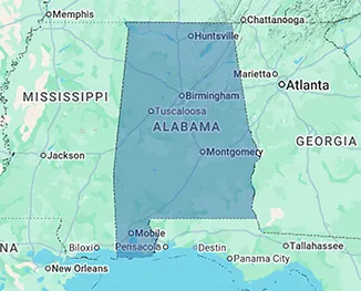 Map of Alabama highlighting nursing home and assisted living facility locations across the Heart of Dixie