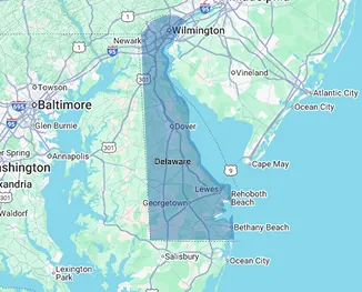 Map of Delaware illustrating nursing home and assisted living facility locations across the First State