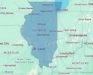 Map of Illinois highlighting nursing home and skilled nursing facility distribution across the Prairie State