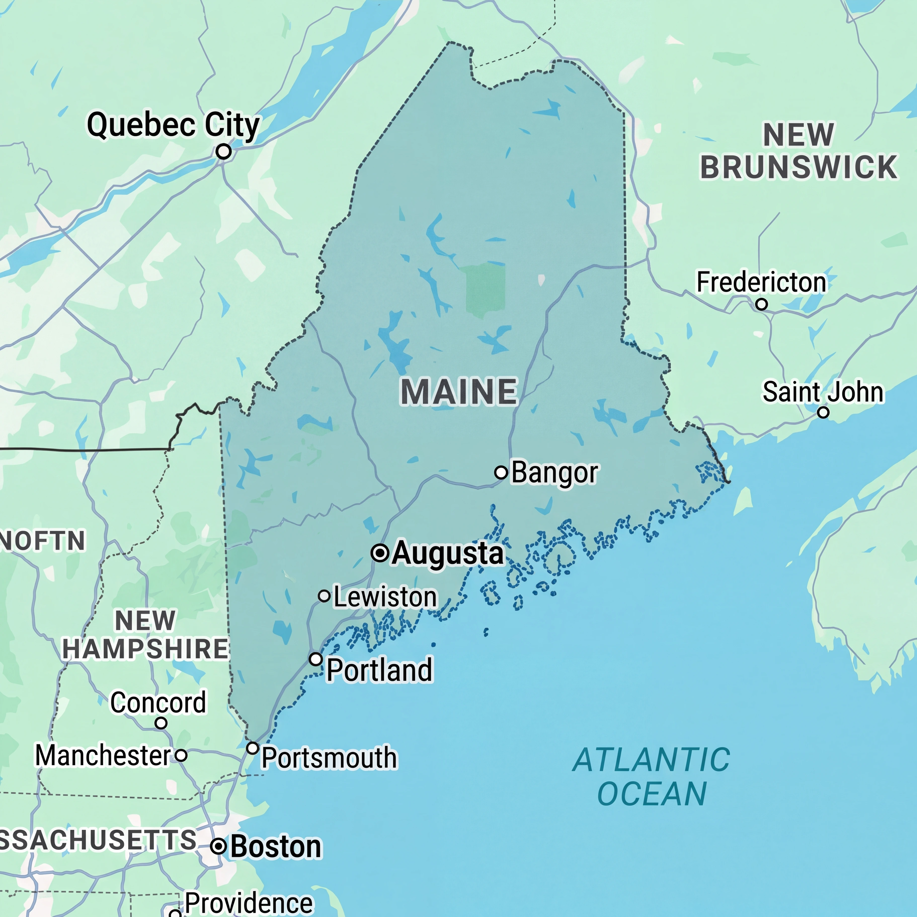 Map of Maine displaying nursing home and assisted living facility locations across the Pine Tree State