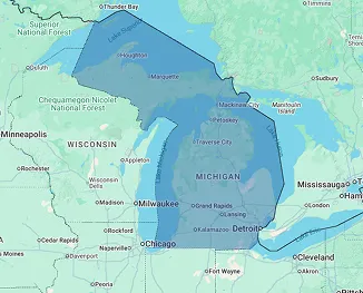 Map of Michigan showing nursing home and rehabilitation center locations across the Great Lakes State