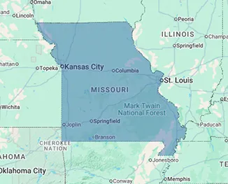 Map of Missouri highlighting nursing home and assisted living facility distribution across the Show-Me State