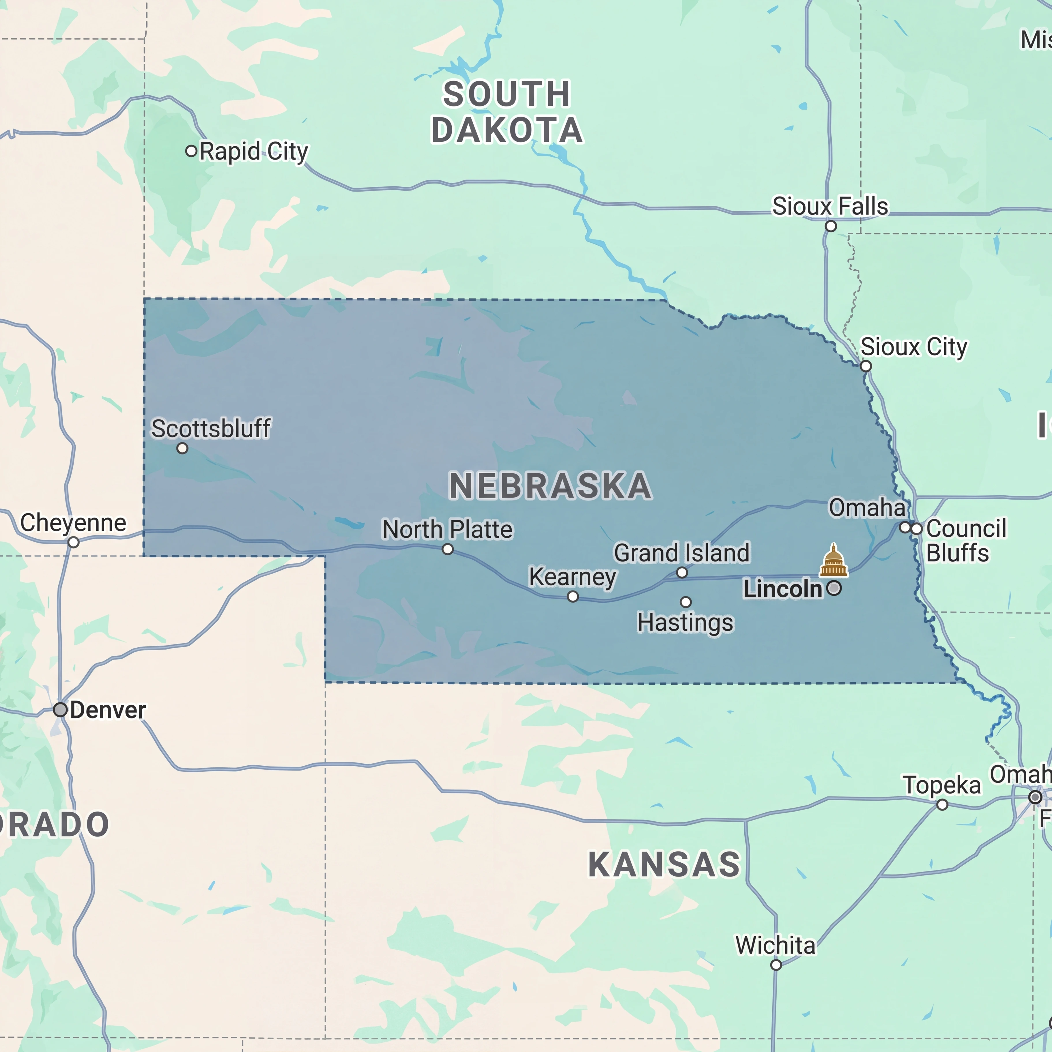 Map of Nebraska displaying nursing home and senior care facility locations across the Cornhusker State