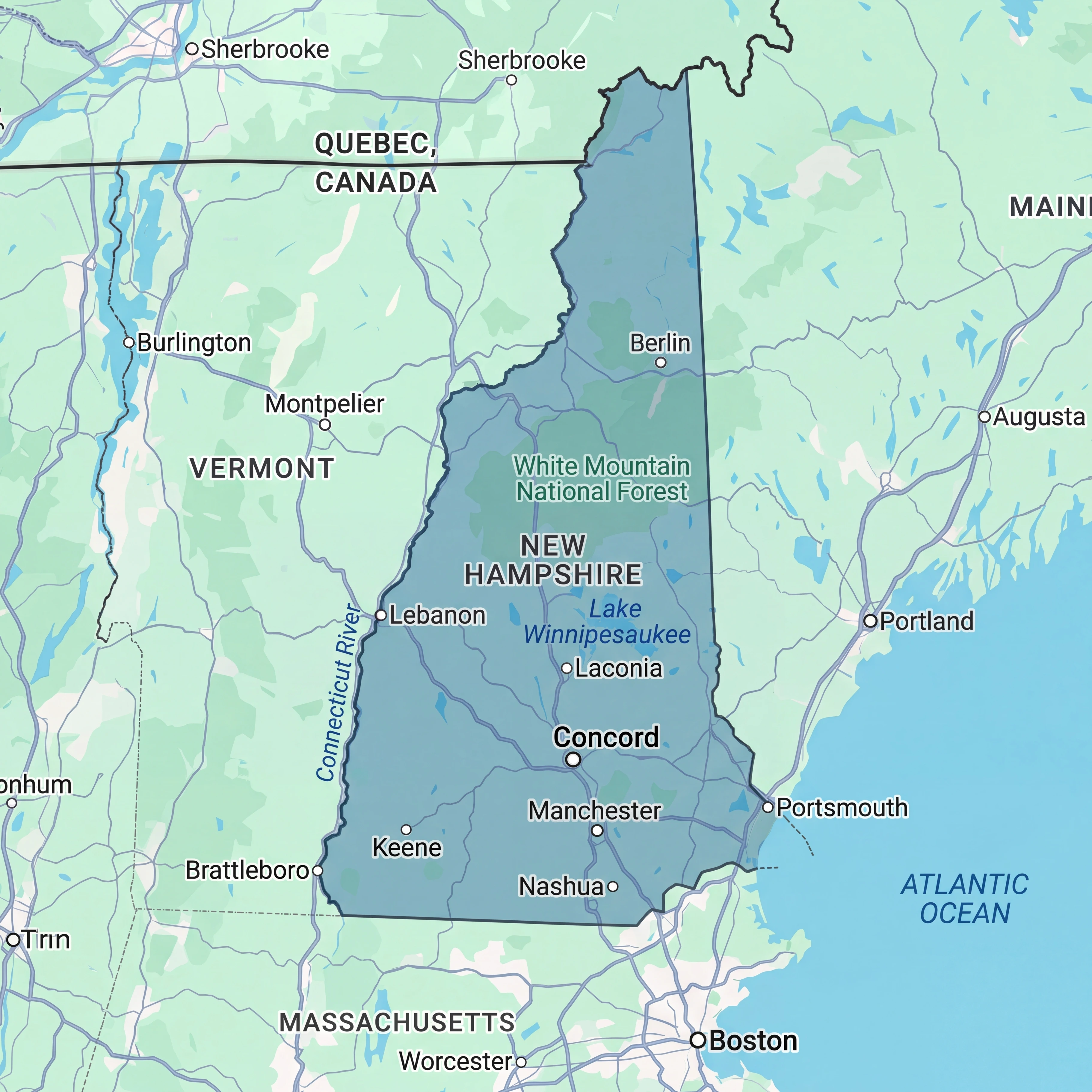 Map of New Hampshire highlighting nursing home and long-term care facility locations across the Granite State