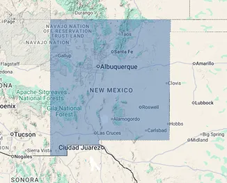 Map of New Mexico displaying nursing home and assisted living facility coverage across the Land of Enchantment