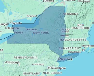 Map of New York illustrating nursing home and skilled nursing facility locations across the Empire State