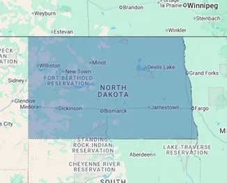 Map of North Dakota showing nursing home and rehabilitation center coverage across the Peace Garden State