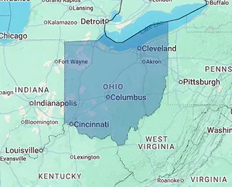 Map of Ohio displaying nursing home and long-term care facility locations across the Buckeye State