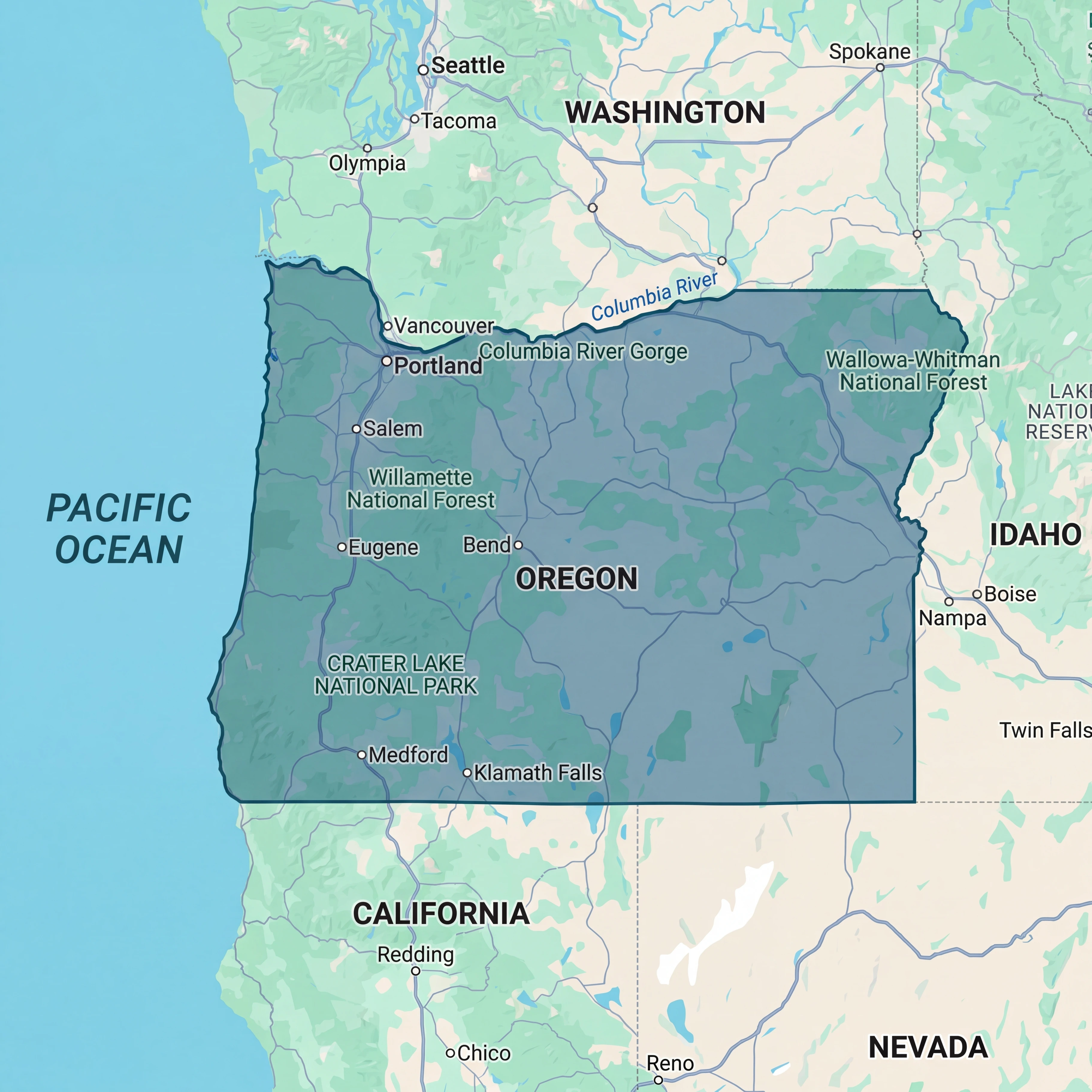 Map of Oregon highlighting nursing home and assisted living facility locations across the Beaver State