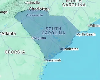 Map of South Carolina illustrating nursing home and rehabilitation center locations across the Palmetto State