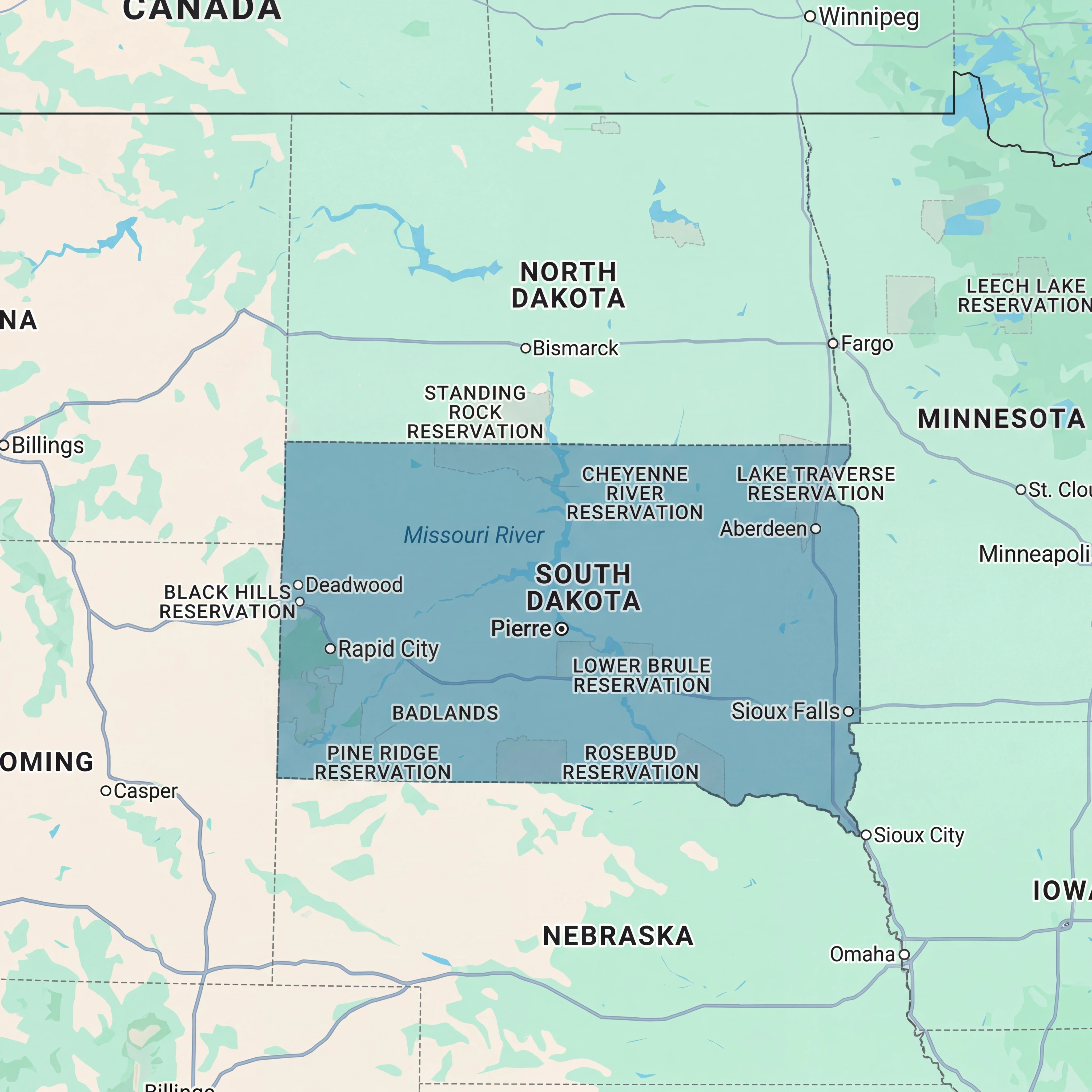 Map of South Dakota highlighting nursing home and long-term care facility coverage across the Mount Rushmore State